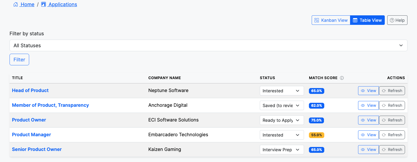 Application Table View Screenshot